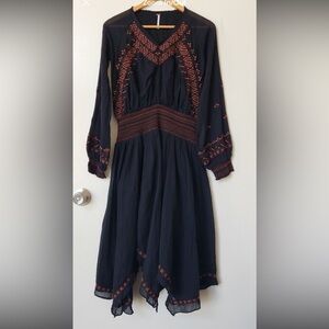 Free People black asymmetrical embroidered cotton boho dress size S